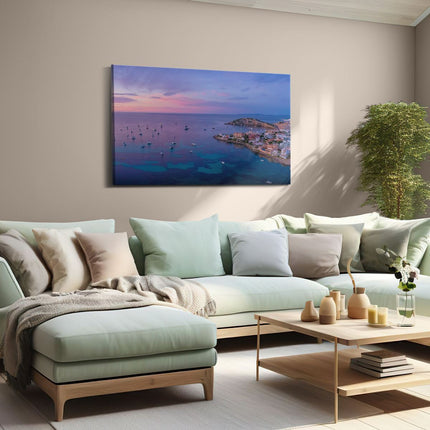 Canvas schilderij woonkamer Ibiza met Boten op het Water bij Zonsopgang