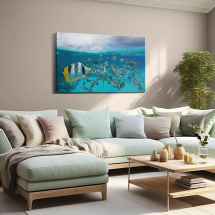 Canvas schilderij woonkamer Zwerm Gele Vissen in het Water