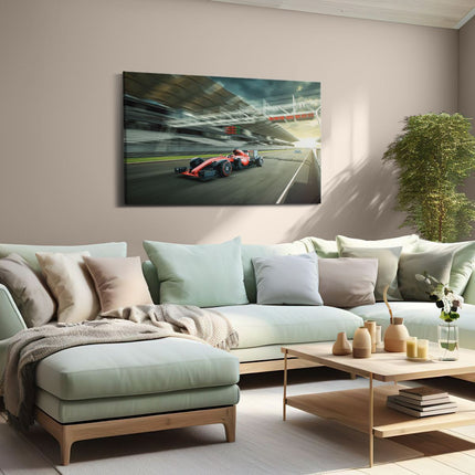 Canvas schilderij woonkamer Formule 1 Auto bij de Finish in het Rood