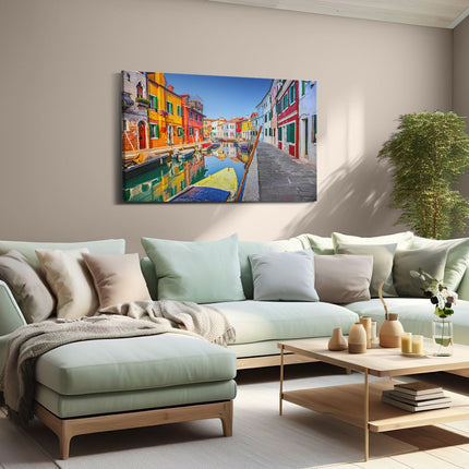 Canvas schilderij woonkamer Kleurrijke Huisjes aan het Water in Venetië