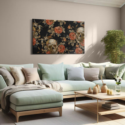 Canvas schilderij woonkamer Doodshoofden met Bloemen - Schedels