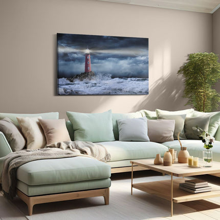 Canvas schilderij woonkamer Vuurtoren op een Storm Zee met Golfen Water