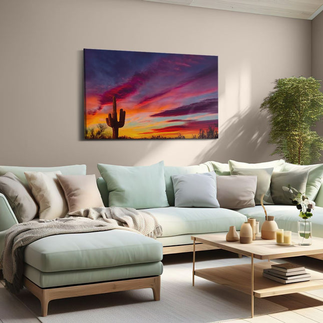 Canvas schilderij woonkamer Cactus bij Oranje Zonsondergang