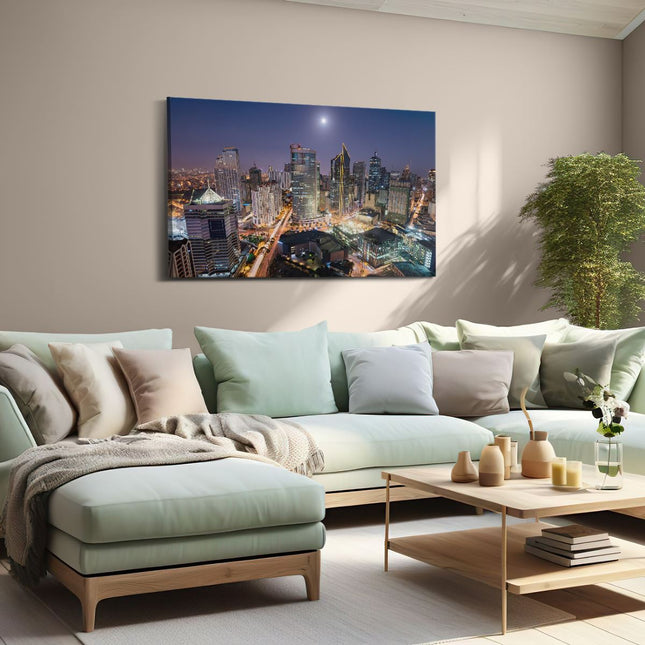 Canvas schilderij woonkamer Makati Stad Skyline in de Nacht in Thailand 