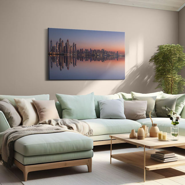 Canvas schilderij woonkamer Skyline Dubai Stad bij Zonsondergang