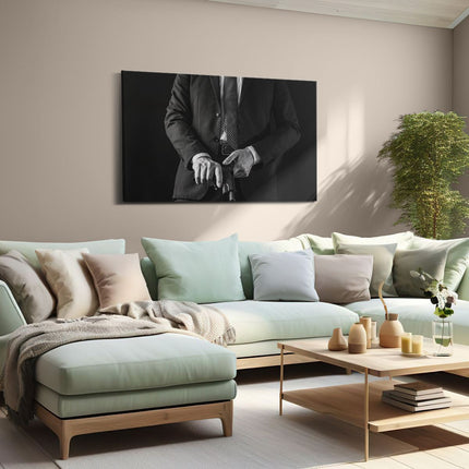 Canvas schilderij woonkamer Man in Pak met een Pistool - Zwart Wit