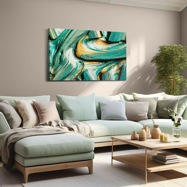 Canvas schilderij woonkamer Abstracte Kunst - Groen met Gouden Verf