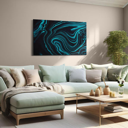 Canvas schilderij woonkamer Abstracte Kunst - Aqua Blauw met Zwart