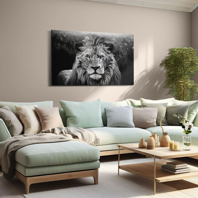 Canvas schilderij woonkamer Leeuw in het Wild - Leeuwenkop - Zwart Wit