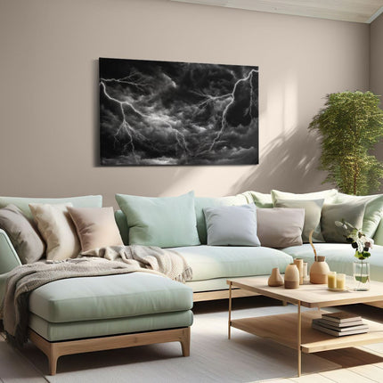Canvas schilderij woonkamer Donkere Wolken met Bliksem - Zwart Wit