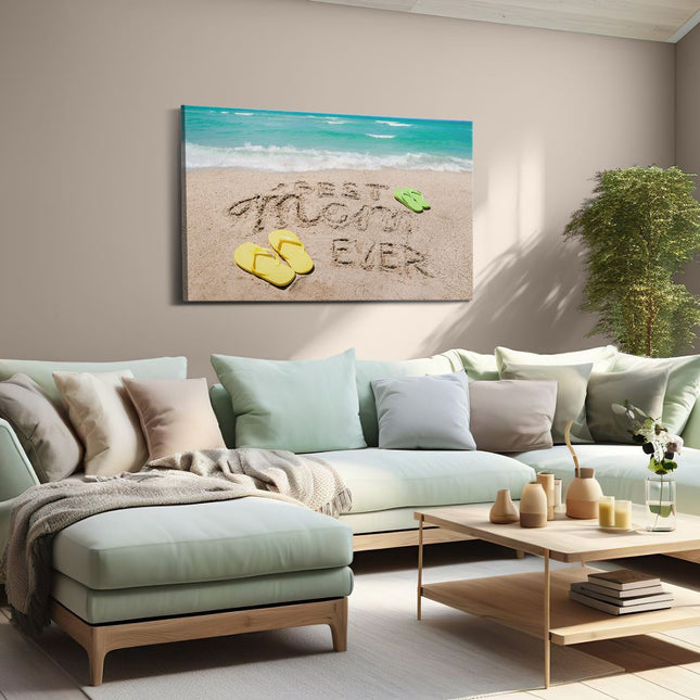 Canvas schilderij woonkamer Best Mom Ever op het Strand met Slippers