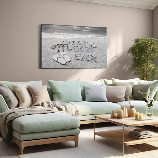 Canvas schilderij woonkamer Best Mom Ever op het Strand met Slippers - Zwart Wit