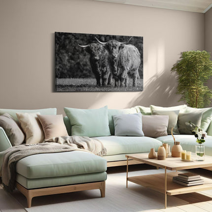 Canvas schilderij woonkamer Twee Schotse Hooglanders in de Groene Weide - Zwart Wit