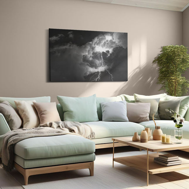 Canvas schilderij woonkamer Blikseminslag tussen de Wolken - Onweer - Zwart Wit