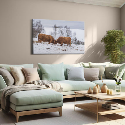 Canvas schilderij woonkamer Twee Schotse Hooglanders in de Sneeuw