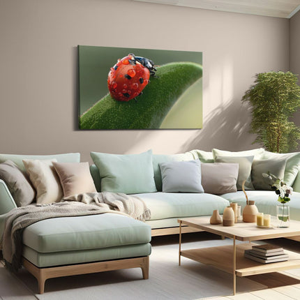 Canvas schilderij woonkamer Lieveheersbeestje op een Blad met Waterdruppels