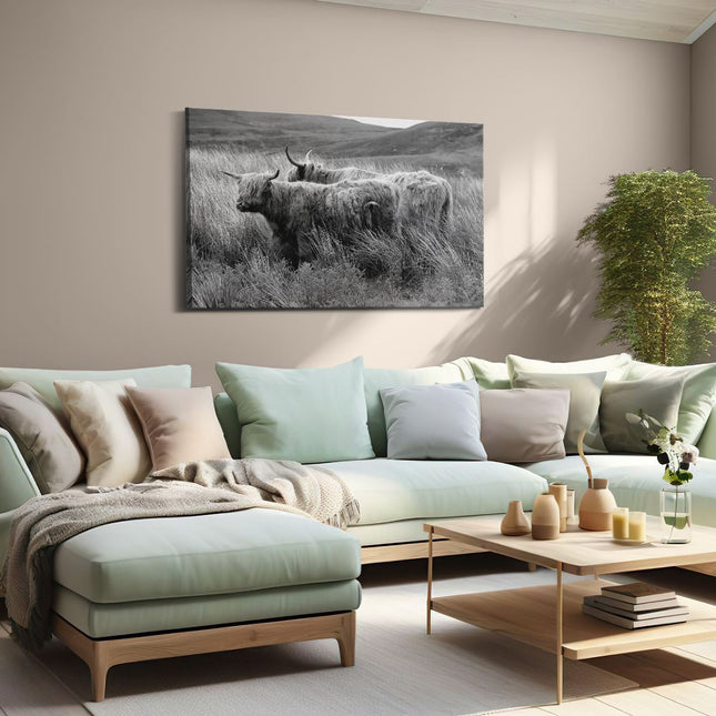 Canvas schilderij woonkamer Twee Schotse Hooglanders in het Heuvelvelachtige Veld - Zwart Wit