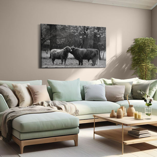 Canvas schilderij woonkamer Twee Schotse Hooglanders Kussen Elkaar - Liefde - Zwart Wit