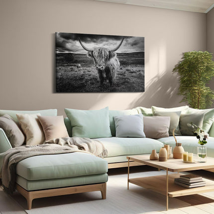 Canvas schilderij woonkamer Schotse Hooglanders in de Weide met Wolken - Zwart Wit