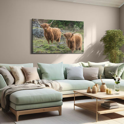 Canvas schilderij woonkamer Twee Schotse Hooglanders bij Stenen