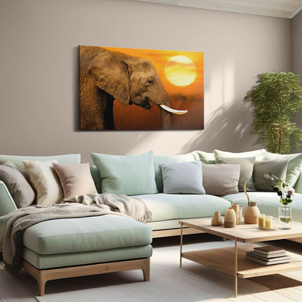 Canvas schilderij woonkamer Olifantenkop bij Zonsondergang - Olifant