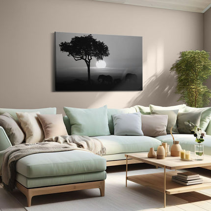 Canvas schilderij woonkamer Olifanten Familie bij Zonsondergang - Olifant - Zwart Wit