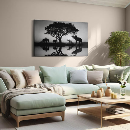 Canvas schilderij woonkamer Olifanten Familie bij een Boom - Zonsondergang - Zwart Wit