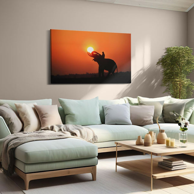 Canvas schilderij woonkamer Silhouet van een Olifant bij Zonsondergang