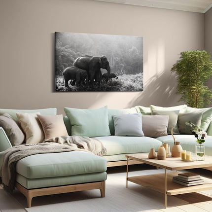 Canvas schilderij woonkamer Olifanten Familie in de Jungle - Olifant - Zwart Wit