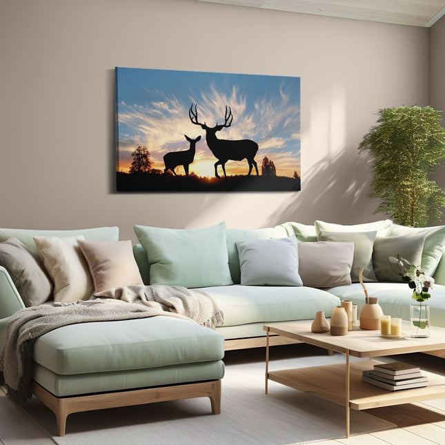 Canvas schilderij woonkamer Herten Silhouet bij Zonsondergang 