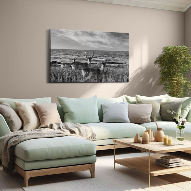 Canvas schilderij woonkamer Drie Herten aan de Zee tijdens Zonsondergang - Zwart Wit