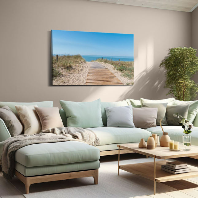 Canvas schilderij woonkamer Voetpad in De Duinen met Zee op de Achtergrond