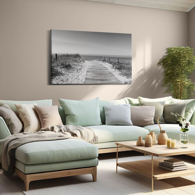 Canvas schilderij woonkamer Voetpad in De Duinen met Zee op de Achtergrond - Zwart Wit