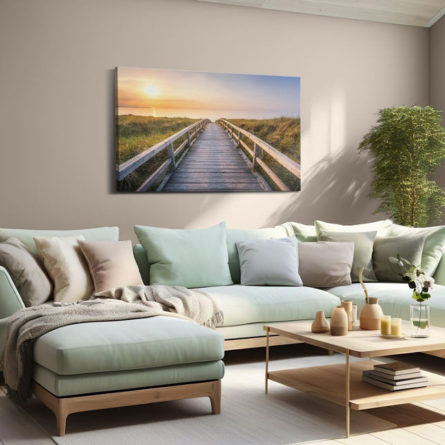 Canvas schilderij woonkamer Voetpad in de Duinen met Zonsondergang