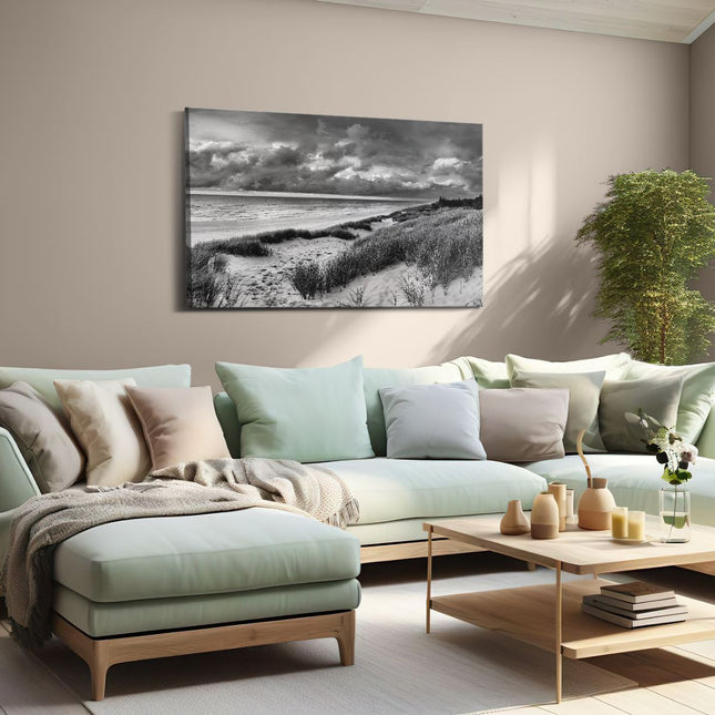 Canvas schilderij woonkamer Strand en Duinen met Bewolking - Zwart Wit