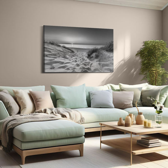 Canvas schilderij woonkamer Strand en Zee met Zonsondergang - Zwart Wit