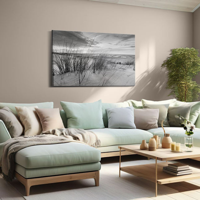 Canvas schilderij woonkamer Strand en Zee vanuit Duinen - Zwart Wit