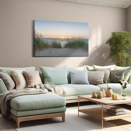 Canvas schilderij woonkamer Zee vanuit Duinen met Zonsondergang
