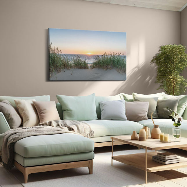 Canvas schilderij woonkamer Zee vanuit Duinen met Zonsondergang