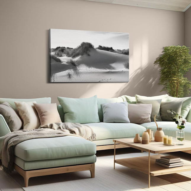 Canvas schilderij woonkamer Zand Duinen aan het Strand - Zwart Wit