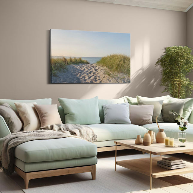 Canvas schilderij woonkamer Voetpad in de Duinen met Zon