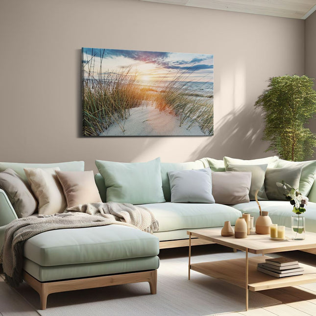 Canvas schilderij woonkamer Strand en Zee vanuit Duinen met Zonsondergang