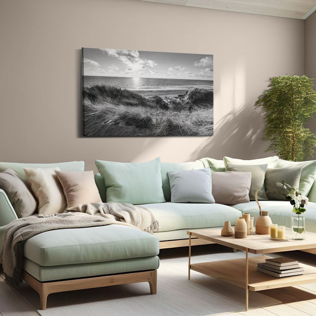 Canvas schilderij woonkamer Strand en Zee vanuit Duinen - Zwart Wit