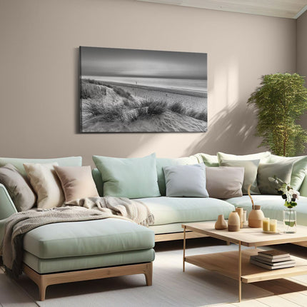 Canvas schilderij woonkamer Strand en Zee vanuit de Duinen - Zwart Wit