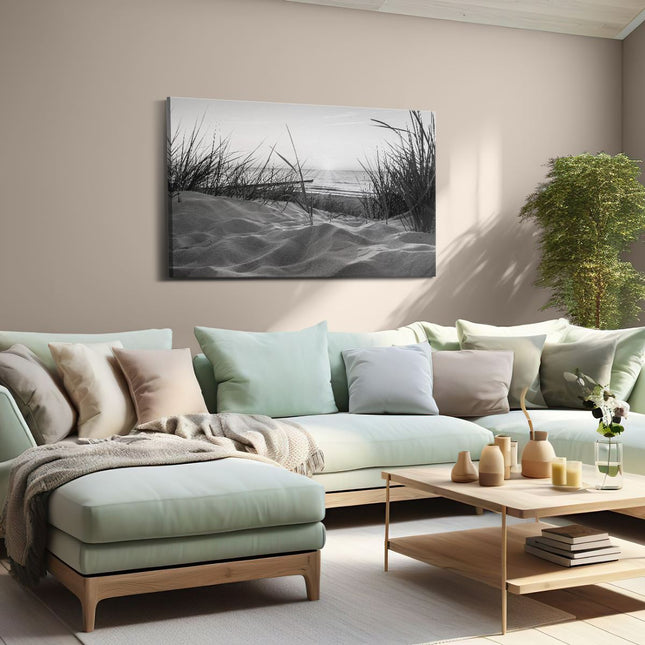 Canvas schilderij woonkamer Duinen met Strand en Zee - Zwart Wit