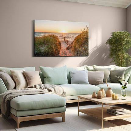 Canvas schilderij woonkamer Voetpad in de Duinen met Zonsondergang