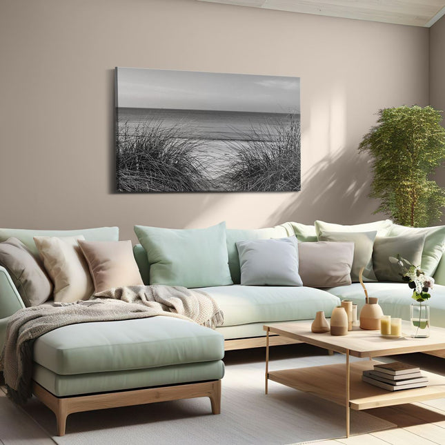 Canvas schilderij woonkamer Strand en Zee vanuit de Duinen - Zwart Wit