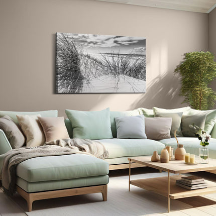 Canvas schilderij woonkamer Strand en Zee vanuit de Duinen - Zwart Wit