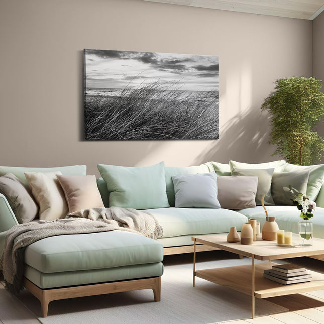 Canvas schilderij woonkamer Duinen Planten met Zee en Zonsondergang - Duinen - Zwart Wit