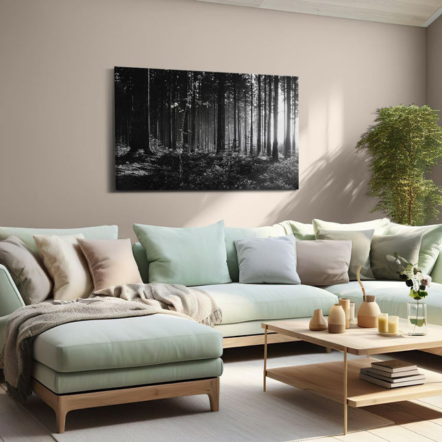 Canvas schilderij woonkamer Bos met Zon tussen de Bomen - Zwart Wit